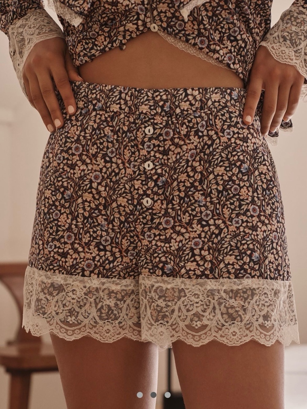 Anthropologie Floral Lace Trim Sleep Shorts in Brown & Cream NWT